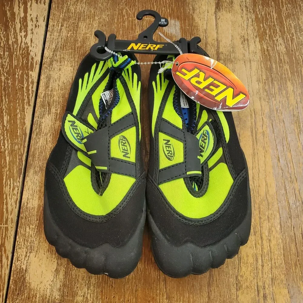 Nerf Youth Toed Water Aqua Shoes Size 13/1 Black Neon Green Swim Beach Kids New